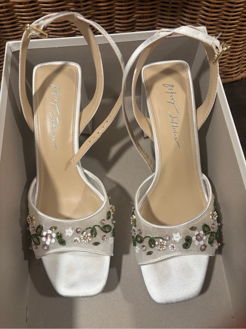 Jessica Simpson Ivory Satin Embellished Ankle-Strap Heels - Picture 1 of 5